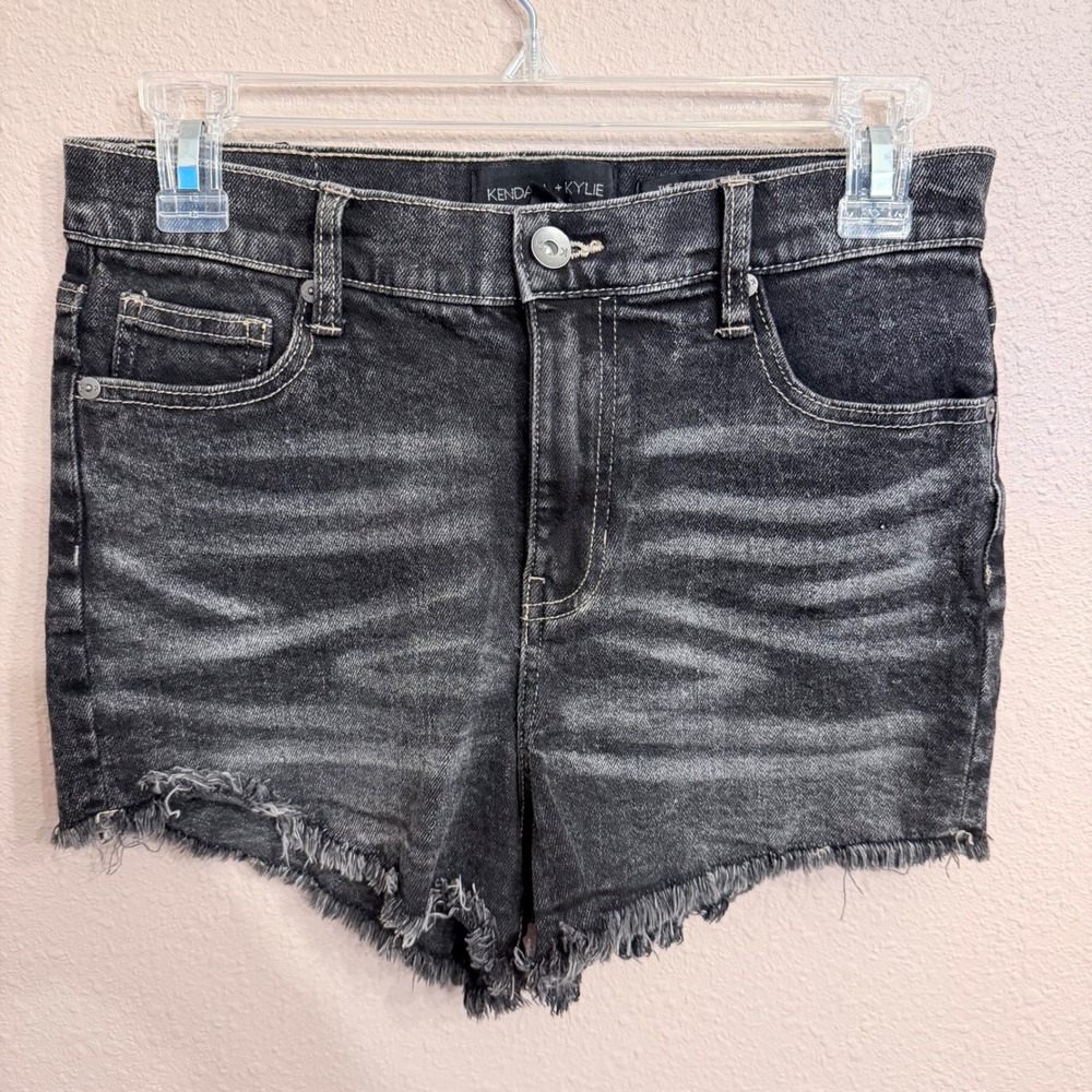 Kendall + Kylie The Drifter High Rise Black Denim Shorts Size 7 28 Frayed Hem